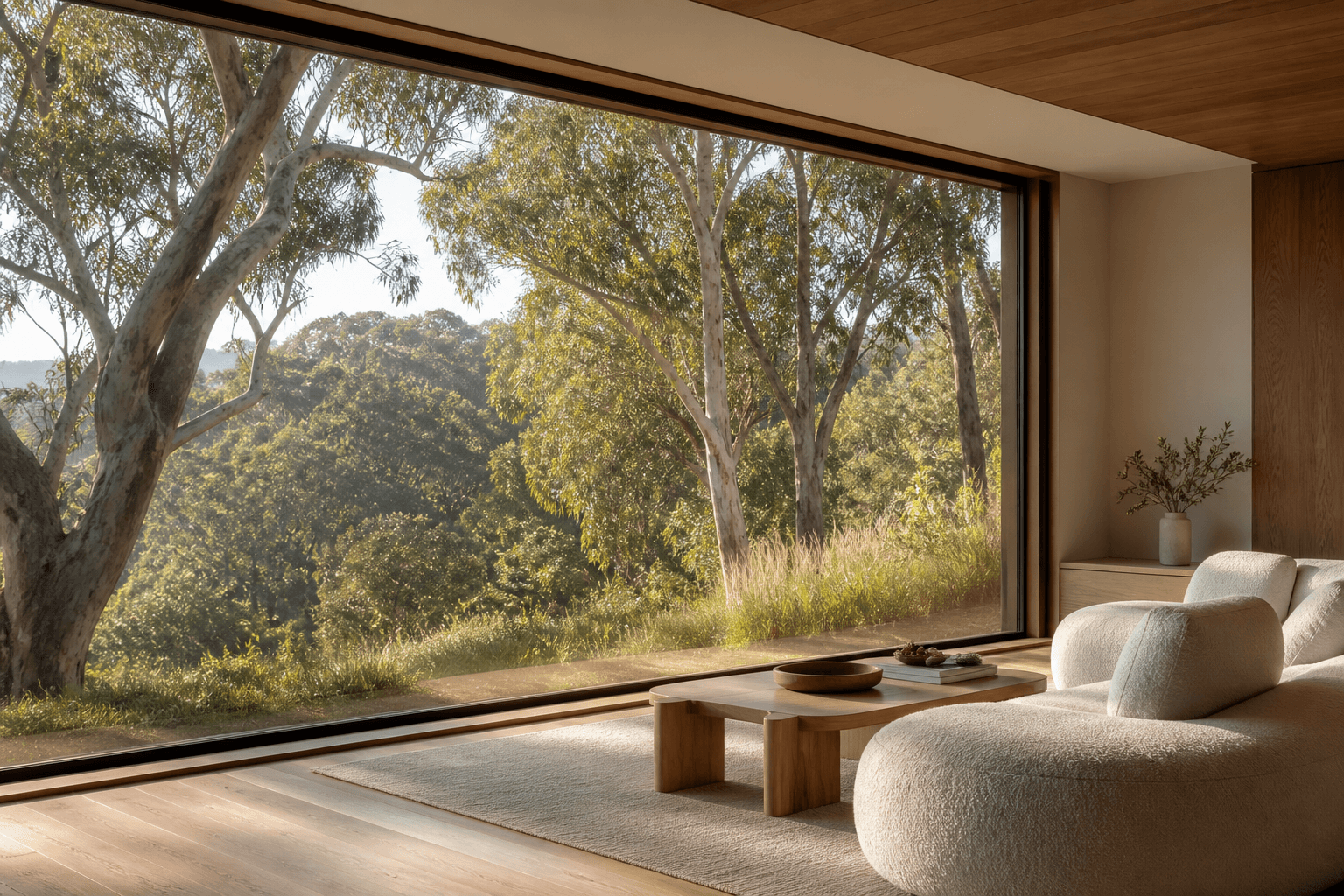 Australian living room with a wide picture window overlooking eucalyptus trees