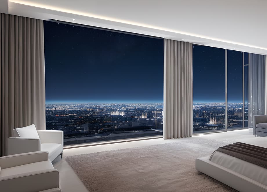 Modern bedroom with wide glazing overlooking a city at night