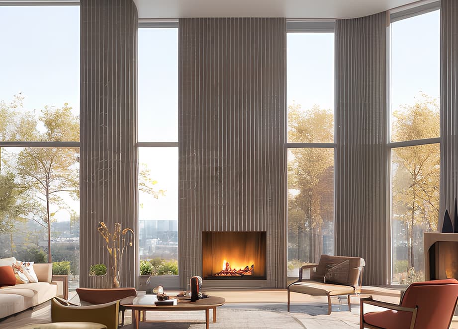 Light-filled living space with full-height glazing and a fireplace