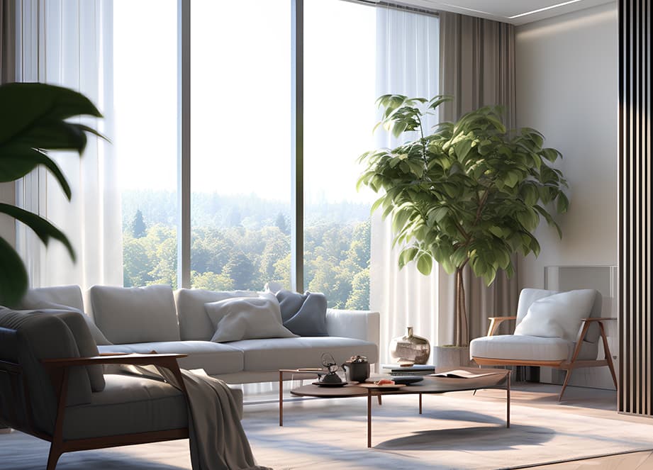 Light-filled living room with full-height glazing